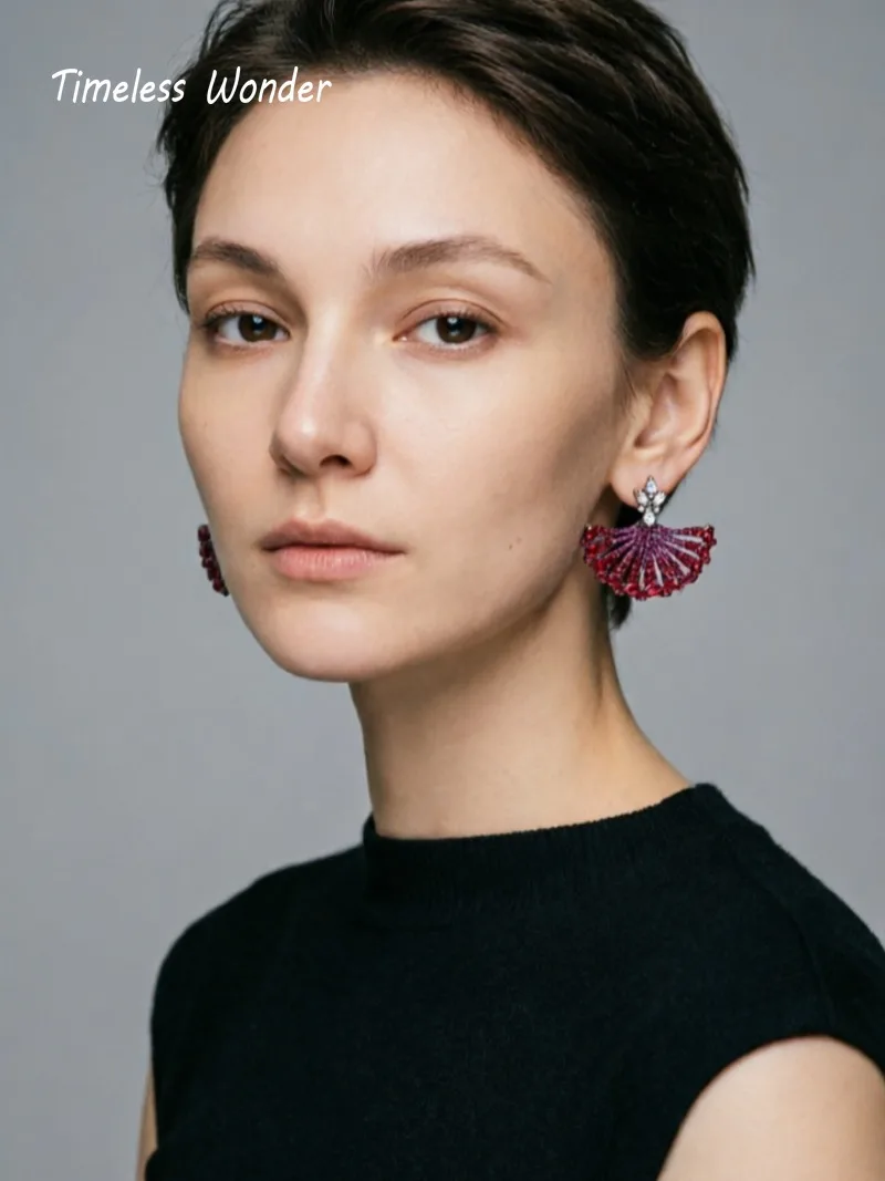 Timeless Wonder Fancy Crystal Zircon Geo Fan Stud Earrings for Women Designer Jewelry Sweet Gift Rare Top Classy Style 3346