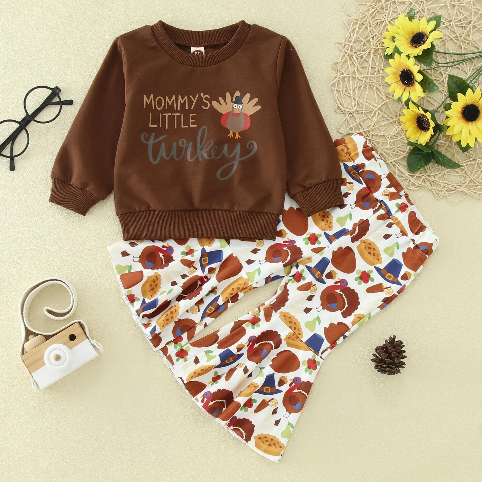 Kids Baby Girls Thanksgiving Day Outfits Turkey Ruffles Sweatshirt Tops Flare Pants Bell Bottom Clothes Baby Stuff for Girls