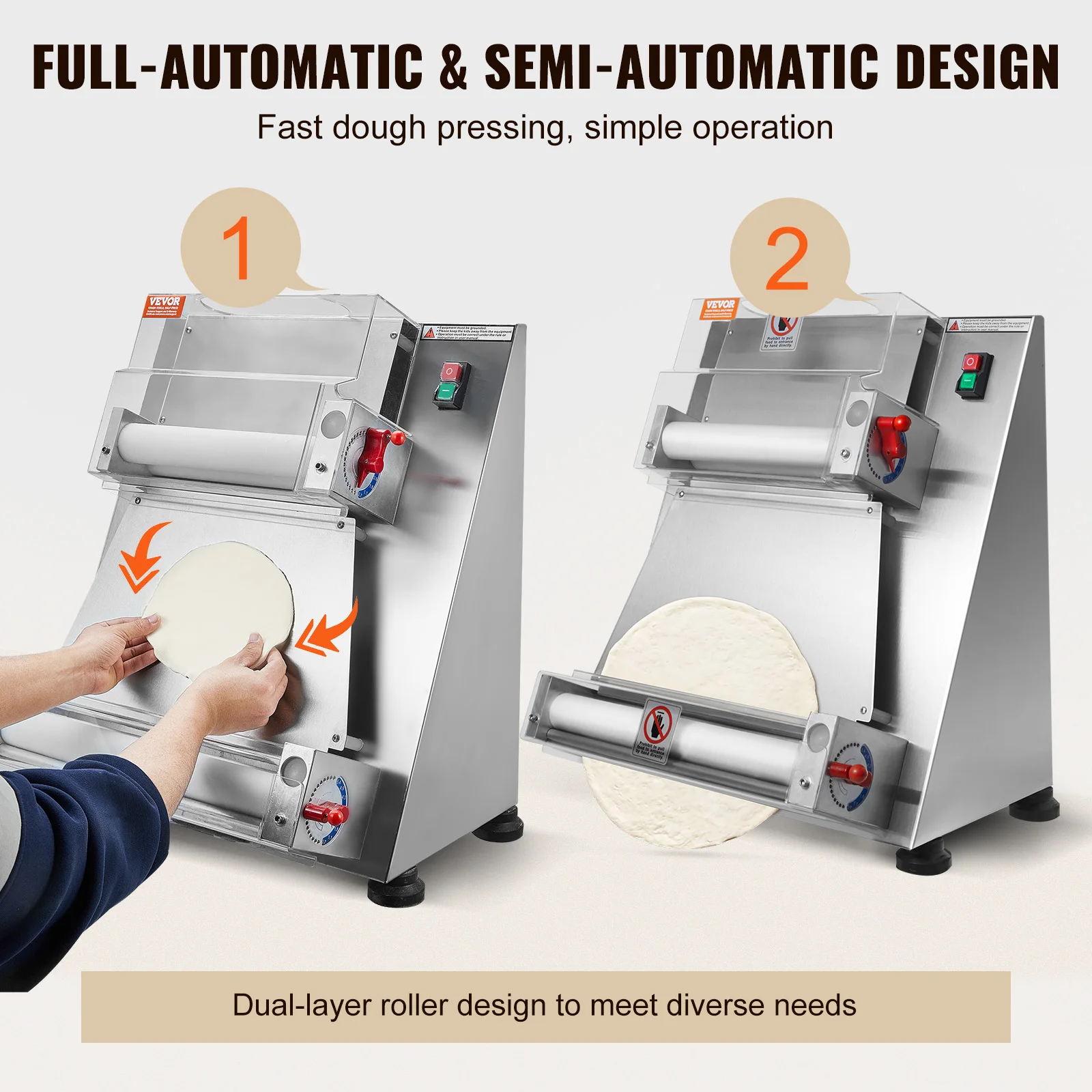 VEVOR Pizza Dough Roller Sheeter,3-15 Inch Automatic Commercial Pizza Press,390W 260 Per/H Stainless Steel Electric Dough Roller