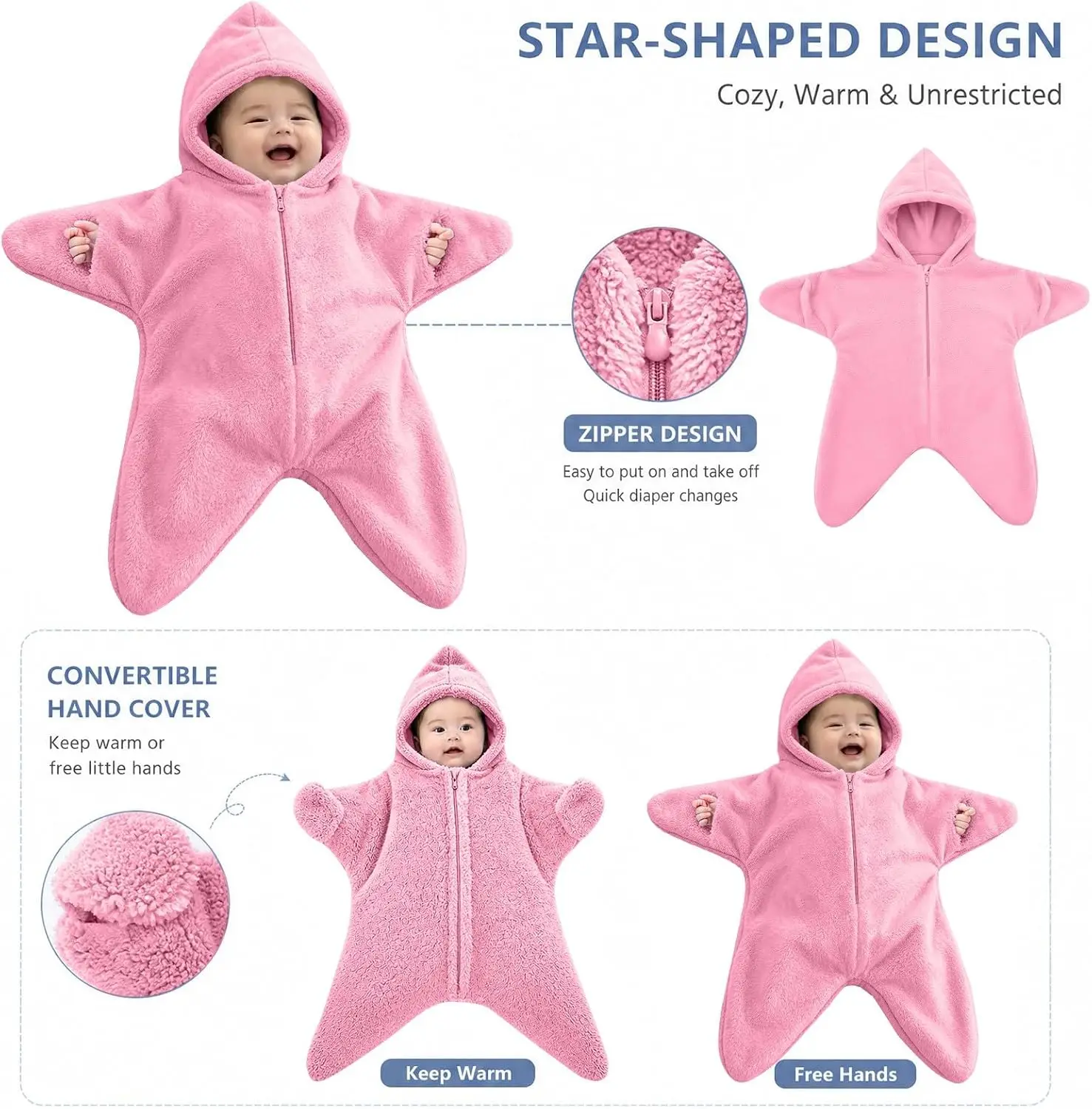 Hand-Crocheted Starfish Cute Baby Swaddle Sleep Sack, Cozy Hooded Star Dress for 0-3 Month Photos