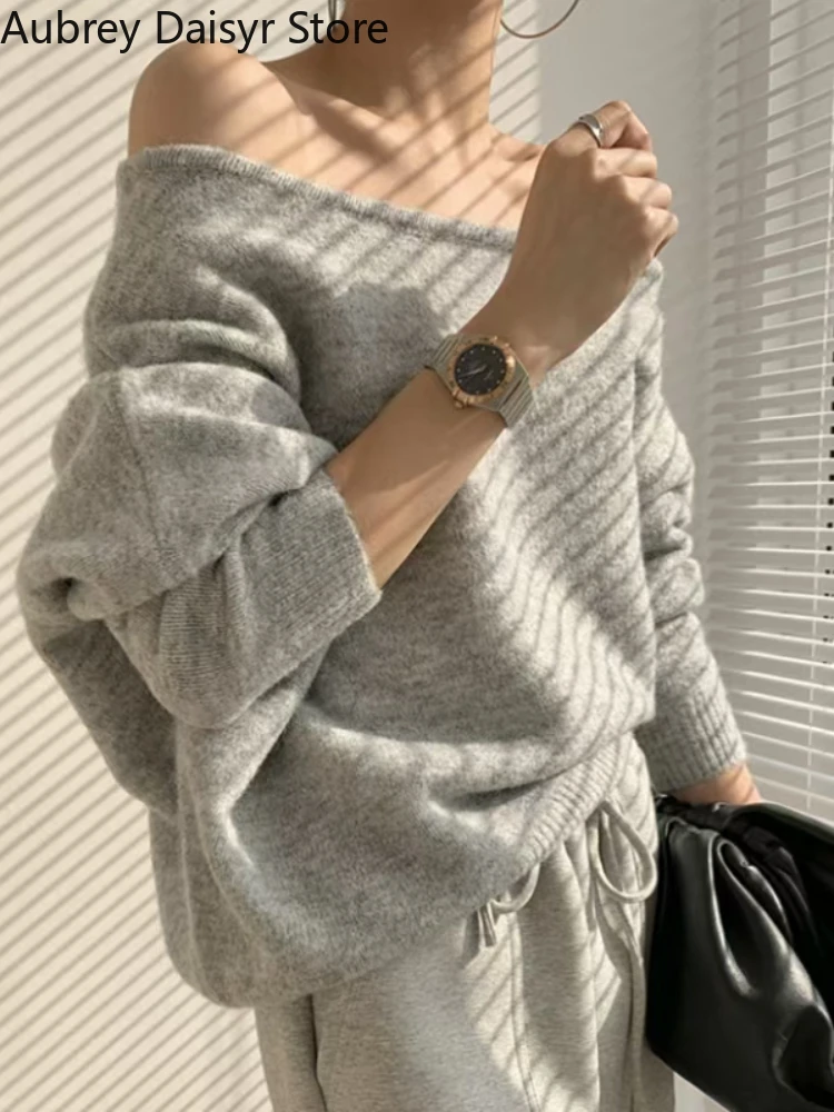 

Elegant Winter Knitted Sweater Women Vintage Chic Irregular Slash Neck Sweater Pullovers Autumn Korean Fashion Casual Sweater