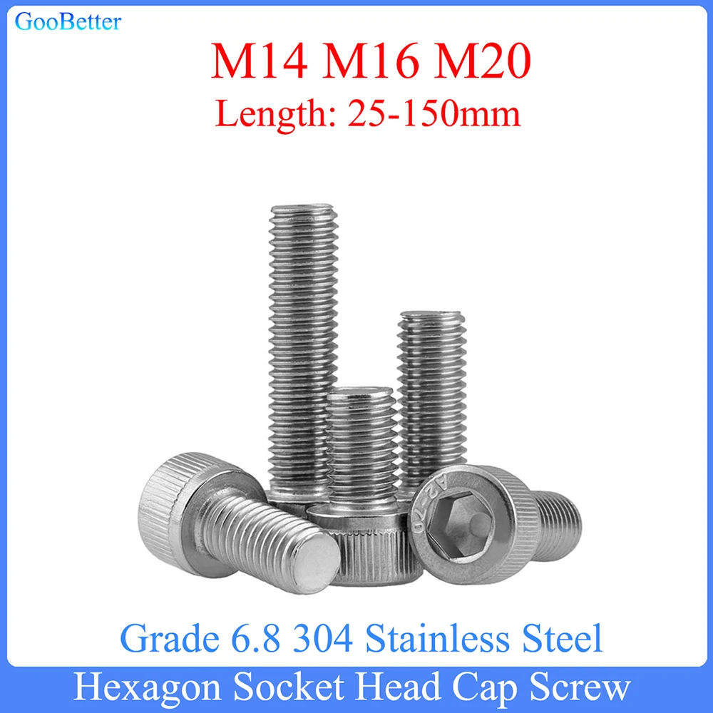 

1Pcs M14 M16 M20 Grade 6.8 304 A2 Stainless Steel DIN912 Allen Hexagon Hex Socket Head Cap Bolt Screw Over Ultra Long=25-150mm