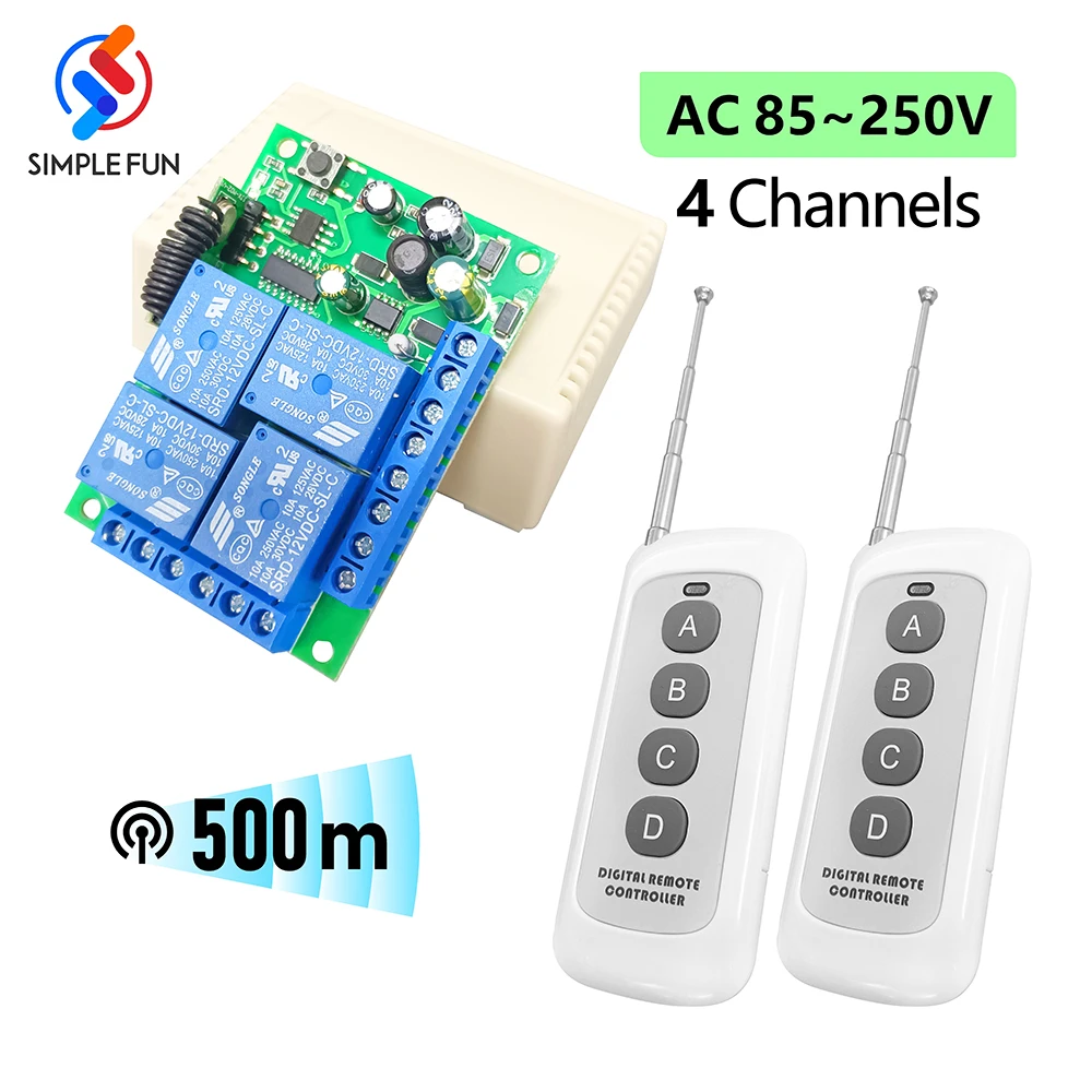 RF 433MHz Wireless Remote Control Switch AC110V 220V 10A 4CH Relay Receiver and 500m Transmitter for Gate Garage Door LED Motor