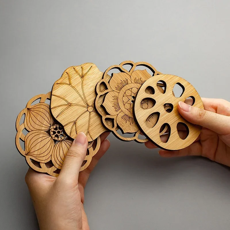 Buddisum Coasters Mat Wooden Bamboo Lotus Root Shape Round Cup Table Tea Coffee Placemat Home Decoration Kitchen Accessories