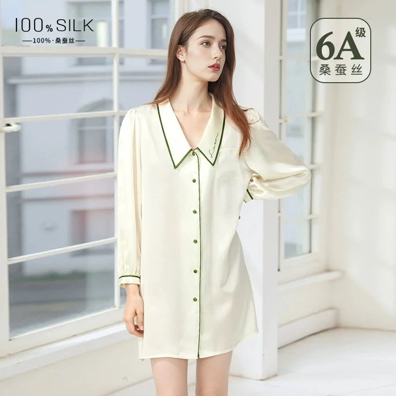 2025 Summer New Style Silk Nightdress for Women - 100% Mulberry Silk, Sexy Thin Style with Doll Collar, Loungewear Shirt Dress