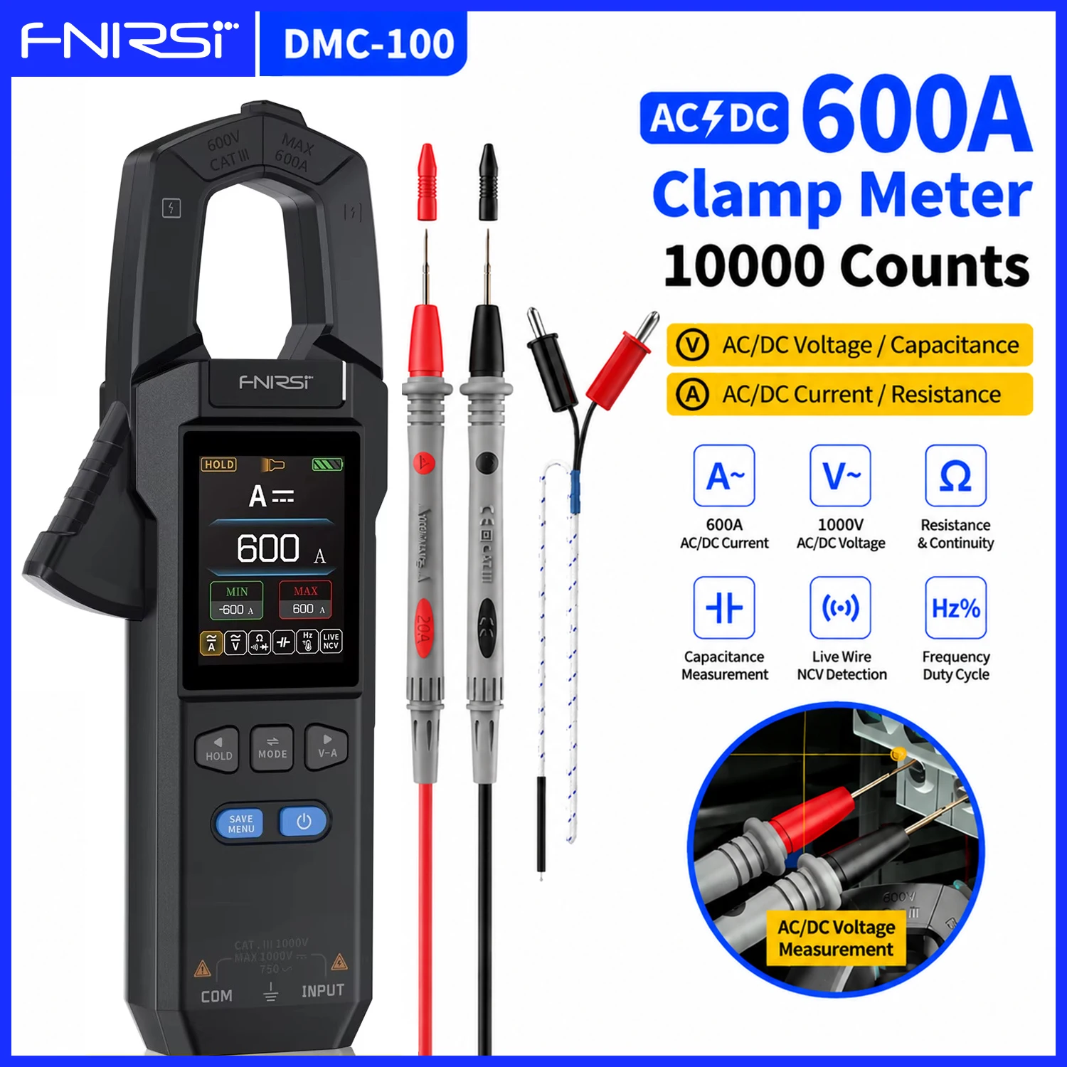 FNIRSI DMC-100 Digital Clamp Meter 10000 Counts AC DC 600A Ammeter True RMS Voltage Capacitance NCV Hz Tester Electrical Tools