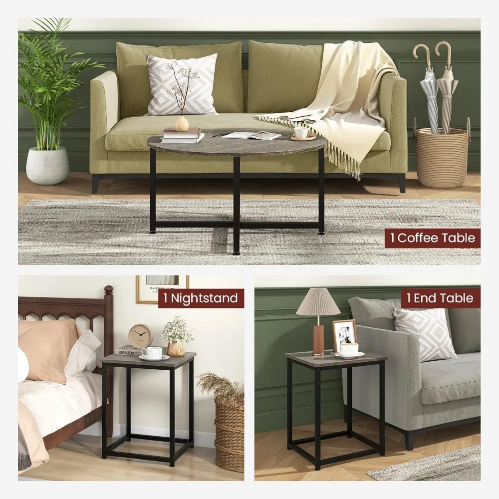 Round Nesting Table Set of 3, Farmhouse Coffee Table w/2 End Tables, Sturdy Metal Frame, 3-Piece Wooden Living Room Tabl