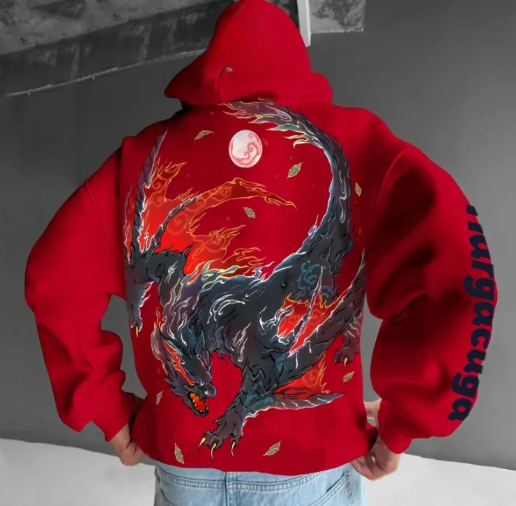 

Pokémon Men's Hooded Sweatshirt Streetwear Flame Dragon Moon Pattern Red Autumn Winter Casual Cotton 2025 Autumn Winter