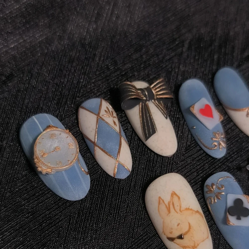 10 Pcs Handmade Press On Nails New Christmas and Valentine's Day Cute Rabbit Medium Oval Fake Nails Design Art for Women Gift