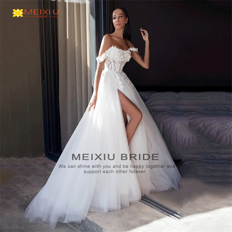 New Dream Decal Line Shoulder Strapless Wedding Dress Custom Sexy Floral Slit Design Princess Fashion Photo Bridal Gowns