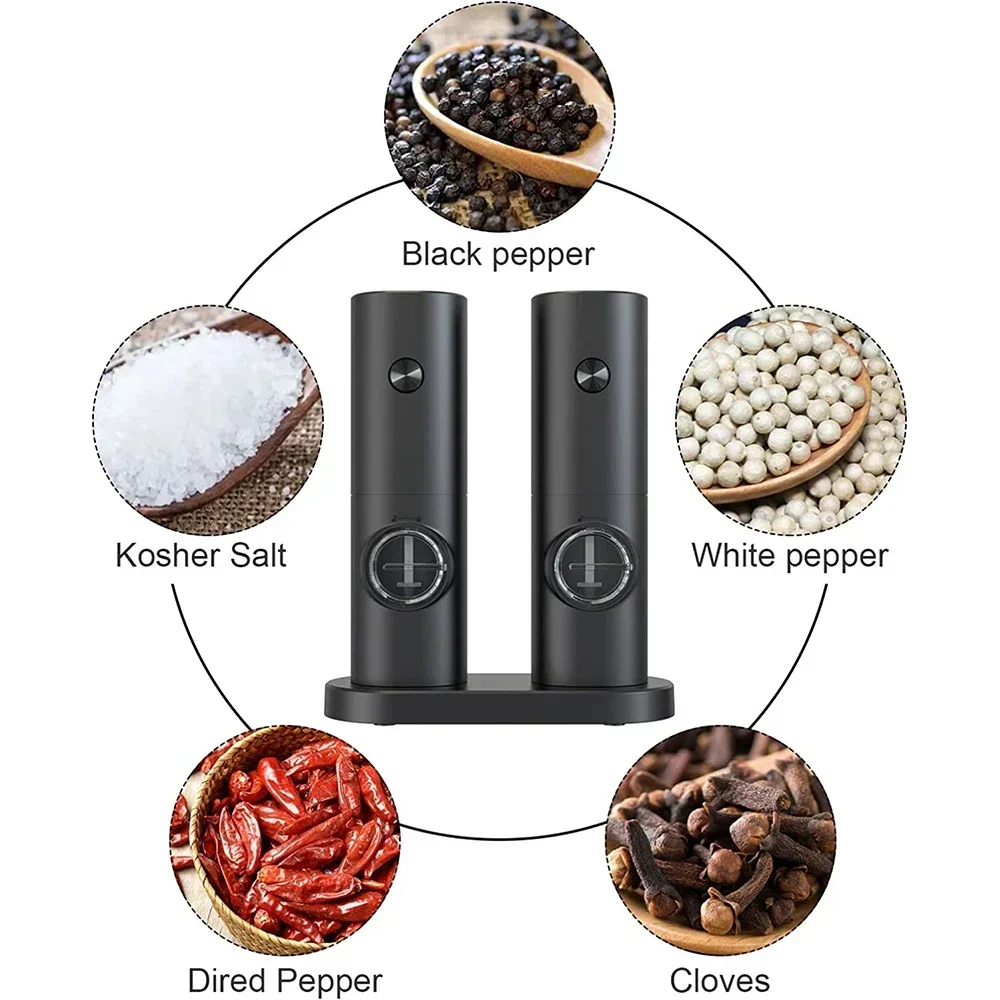 USB Rechargeable Electric Salt And Pepper Grinder Set Base Charging Stainless Steel Automatic Pepper Mill Spice Grinder With LED