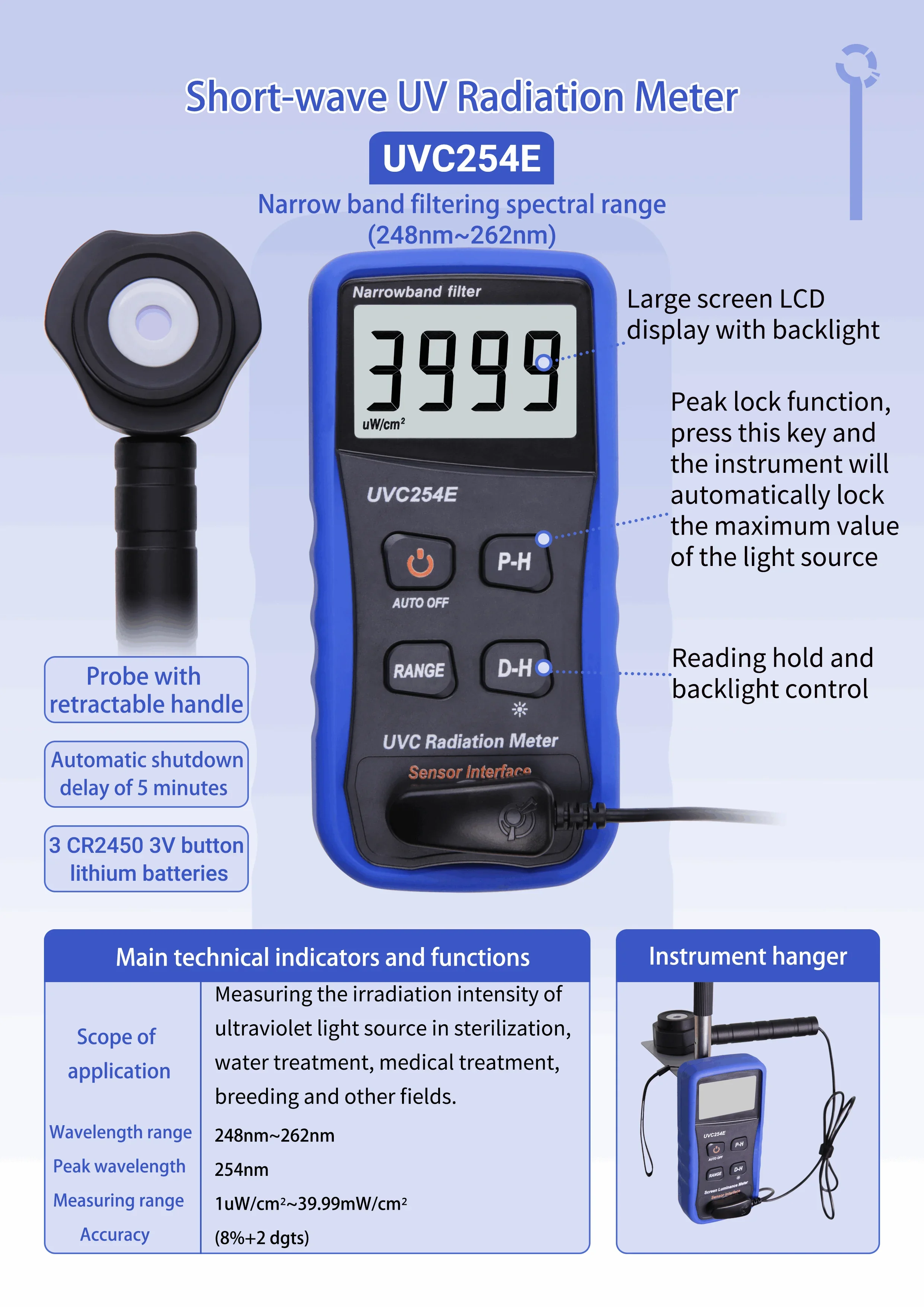 Luxmètre UV UV254E, testeur de mesure de lumière UVC, compteur de rayonnement UVC254E UVC avec détecteur intelligent réglable