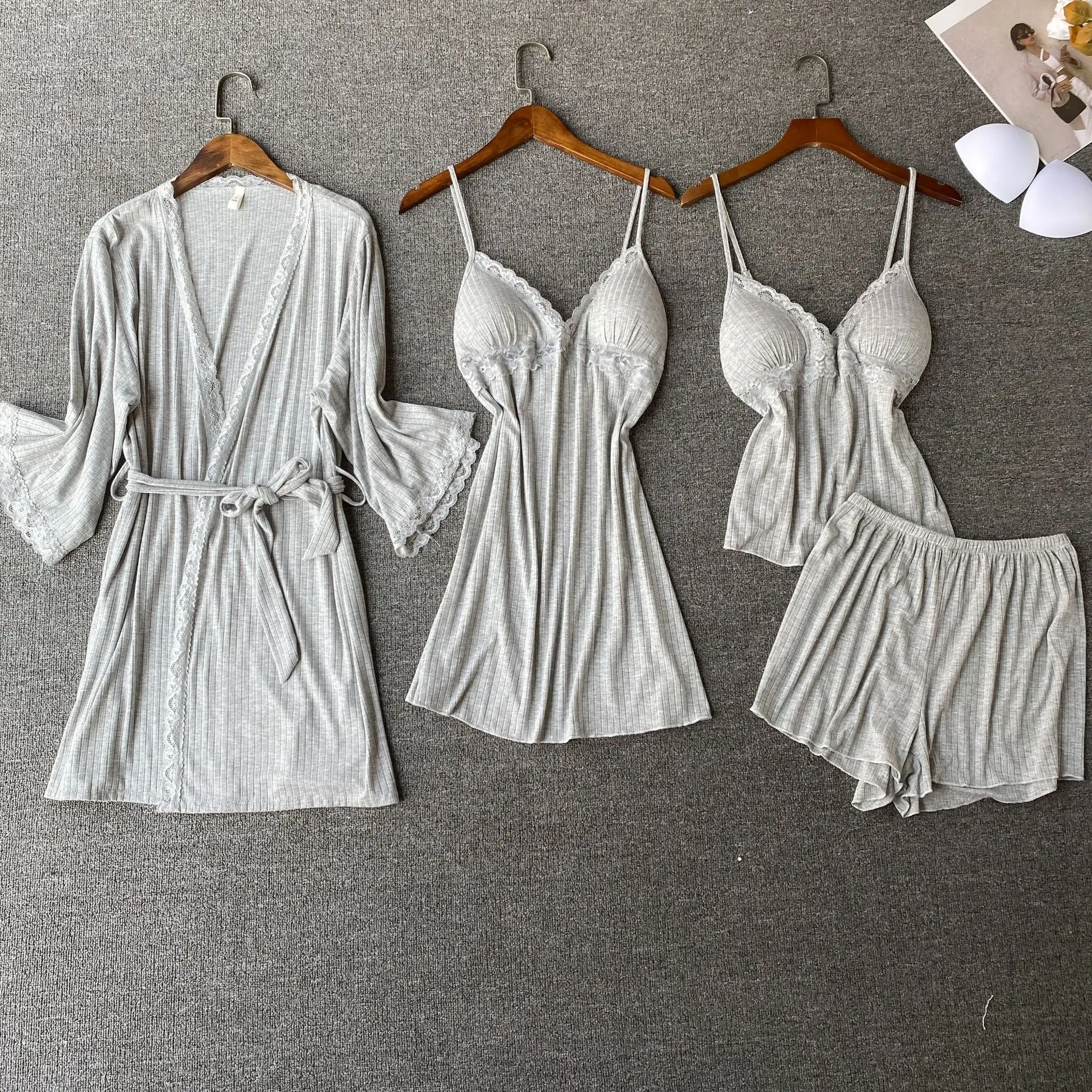 

4PCS Sleepwear Lady Modal Pajamas Set Women Sexy Bathrobe Pyjamas Casual V-Neck Nightwear Kimono Robe Gown Lounge Home Clothing