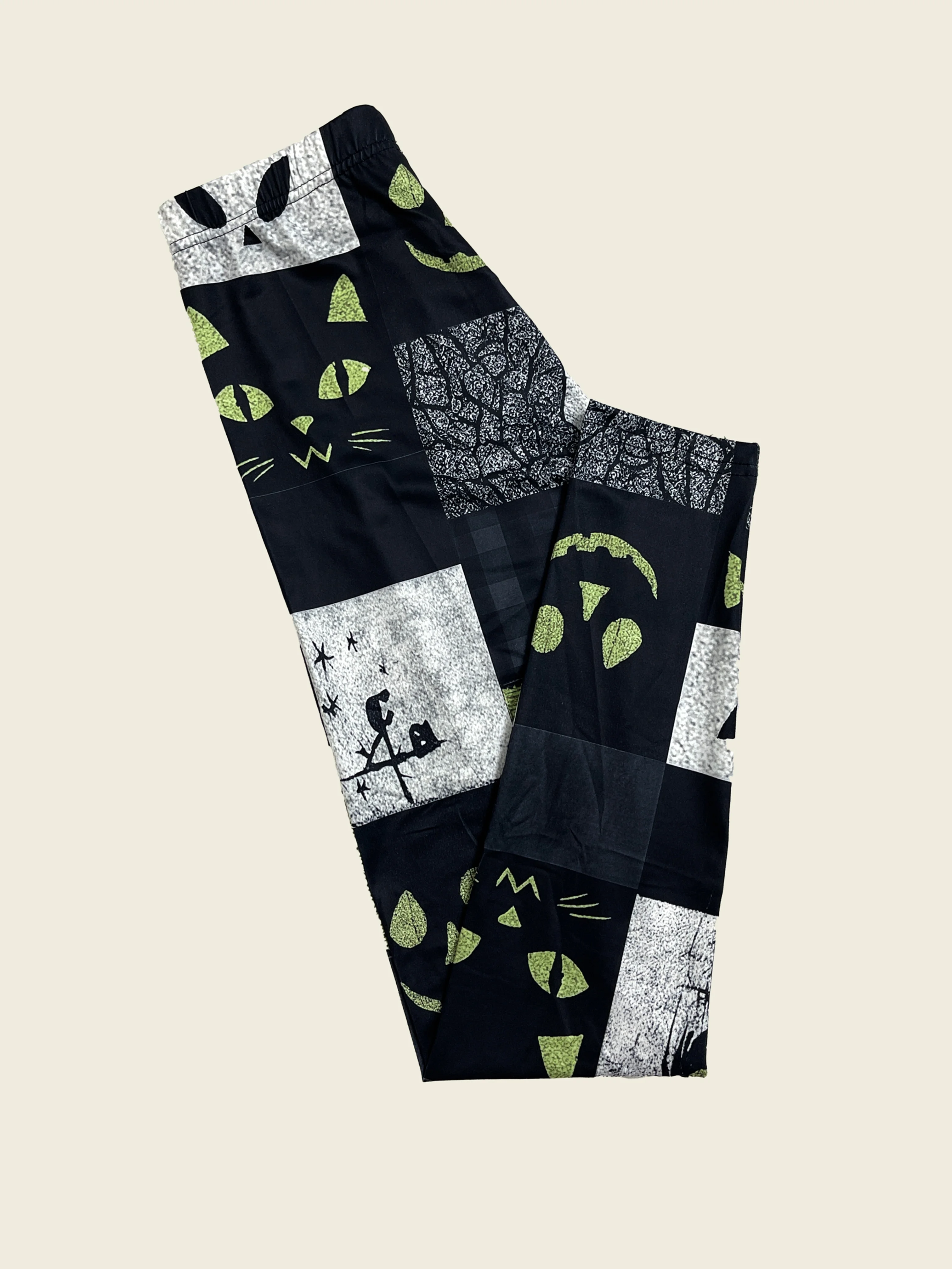 Women's Mid‑Rise Fleece Lined Leggings Halloween Pumpkin Cat Patchwork Print Stretch Warm Ladies Casual Pants view 4