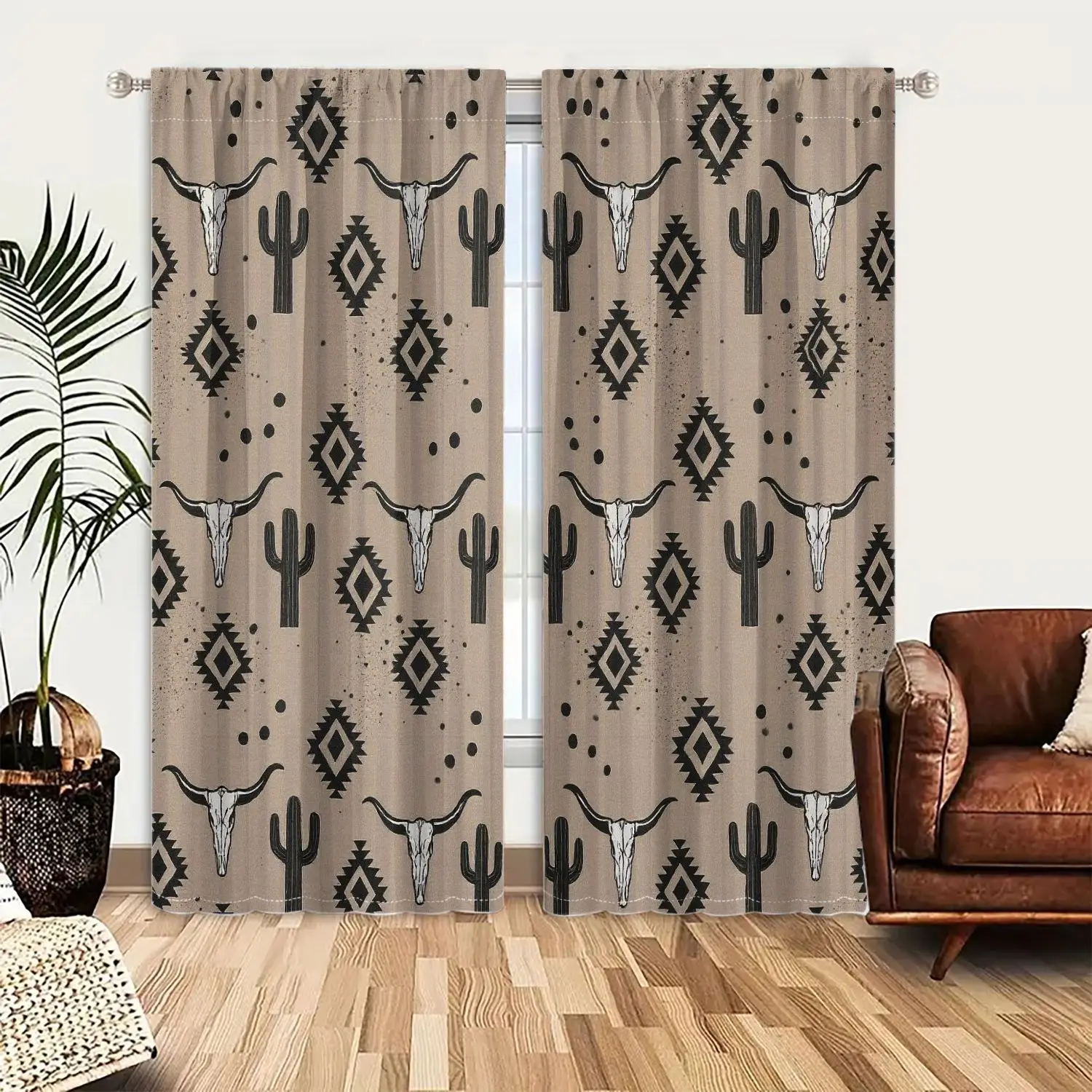 

2Pcs Curtain Western Pattern: Cow Skulls, Cacti Window Drapes For Bedroom Living Room Decoration Window Treatment.