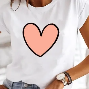 Đồ họa ngắn của phụ nữ t -shirt, trái tim tình yêu, màu nước t -shirt, in ngọt, giản dị, thời trang của phụ nữ, quần áo mùa hè 12 Top Heart Bán hàng chính - №12
