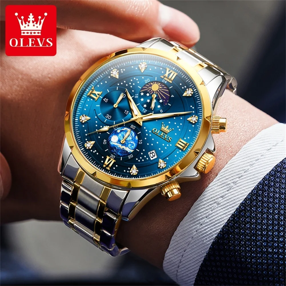 OLEVS 9807 Men\'s Watches Original Quartz Watch for Man Multifuncion Chronograph Stainless SteelWaterproof Luminous Reloj Hombre