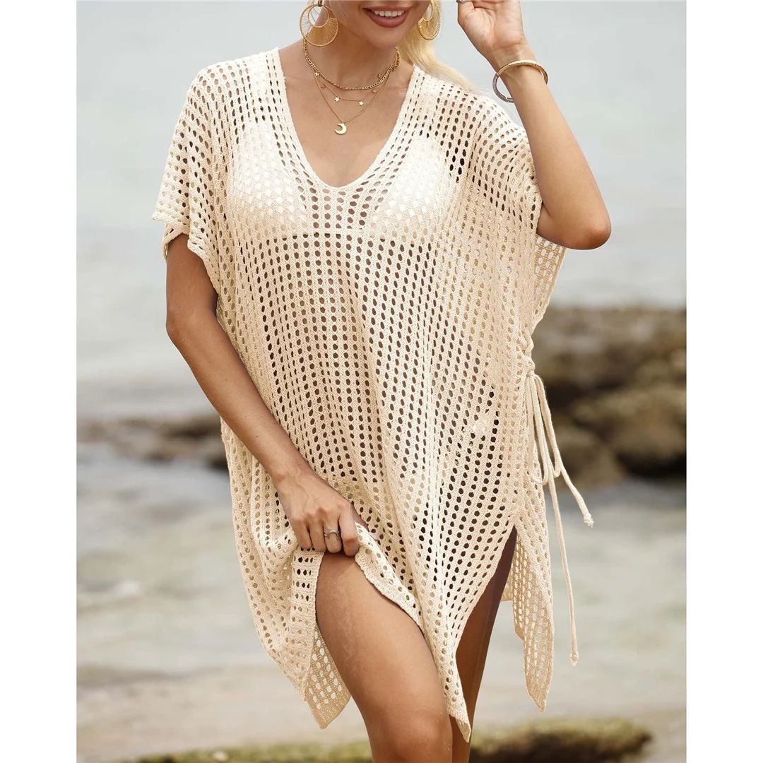 Kurzarm-Tunika mit V-Ausschnitt und Aushöhlungen, gehäkelt, Strickkleid, Strandkleid, Strandmode, Strandbekleidung, Strand-Cover-up, Damen, V8061 – Detail 4