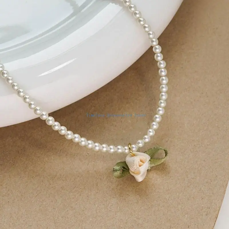 

97QE Temperament Crystal Pearls Cloth Flower Necklaces for Women Anniversary Jewelry