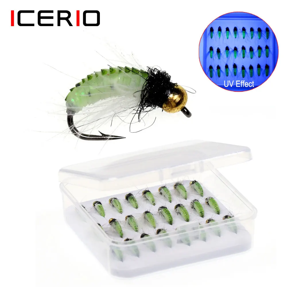 

ICERIO 24pcs /Box Brass Beadhead UV Caddi's Green Nymph Scud Fly CDC Feather Hackle Fast Sinking Wet Bug Trout Fishing Lure Bait