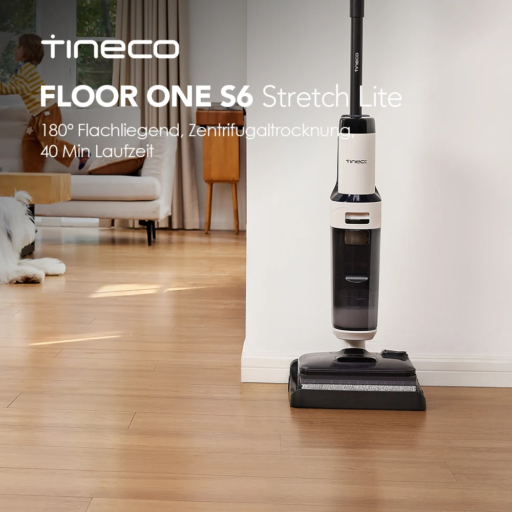 Tineco Floor ONE S6 Stretch Lite Nass Trockensauger, 180°Lay-Flat Nasssauger, 40min Laufzeit, Beidseitige Kantenreinigung, erreichen in niedriger Möbel für Tierhaare