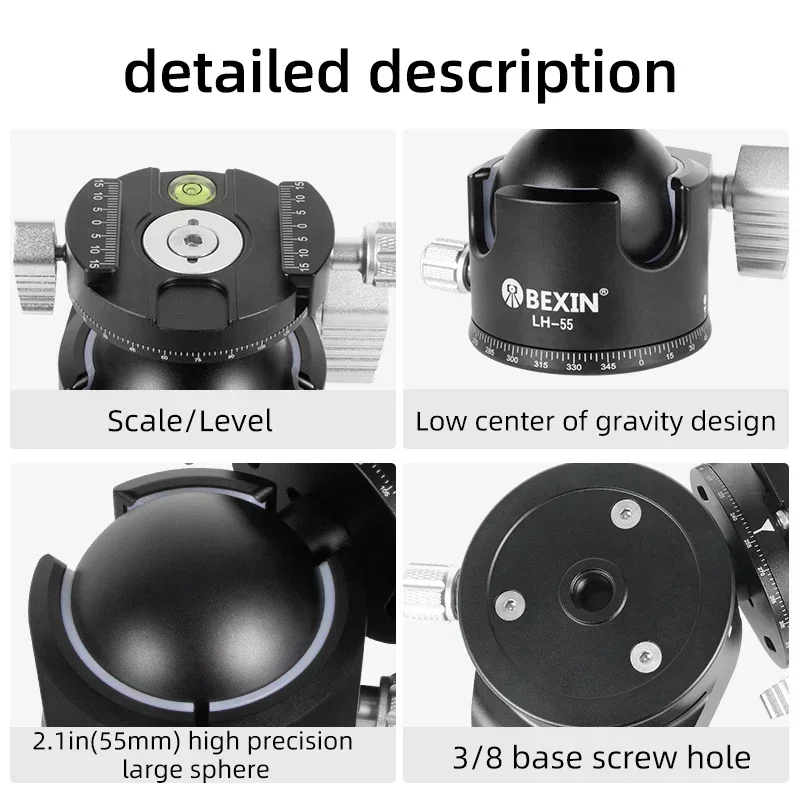 BEXIN Tripod Head Camera Professional Low Profile Video Ball Head Mount 360 Panoramic Universal Ballhead for DSLR Tripod Monopod