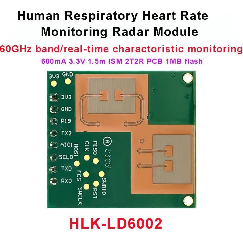 New 60GHz FMCW HLK-LD6002 Real-time Monitoring Human Respiratory Heart Rate Detection Radar Module 600mA 3.3V 1.5m ISM 2T2R PCB