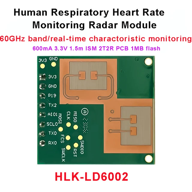 Nowy 60GHz FMCW HLK-LD6002 w monitorowanie czasu rzeczywistym moduł radaru do wykrywania tętna ludzkiego układu oddechowego 600mA 3.3V 1.5m ISM 2 t2r PCB