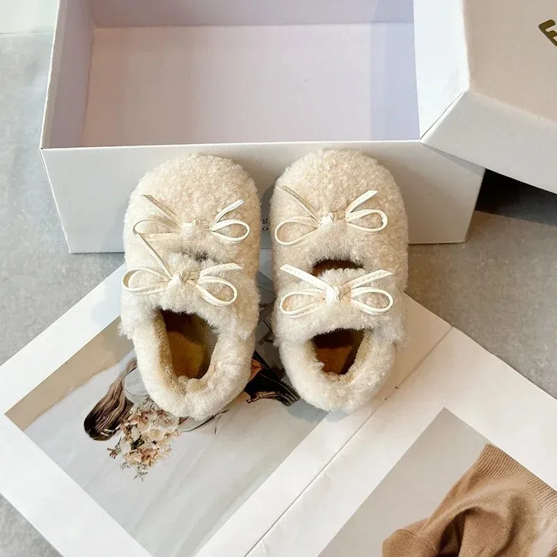 Winter new style girls' plush warm Mary Jane shoes,double-layer bow decoration plush flat shoes,anti-slip and soft outdoor shoes
