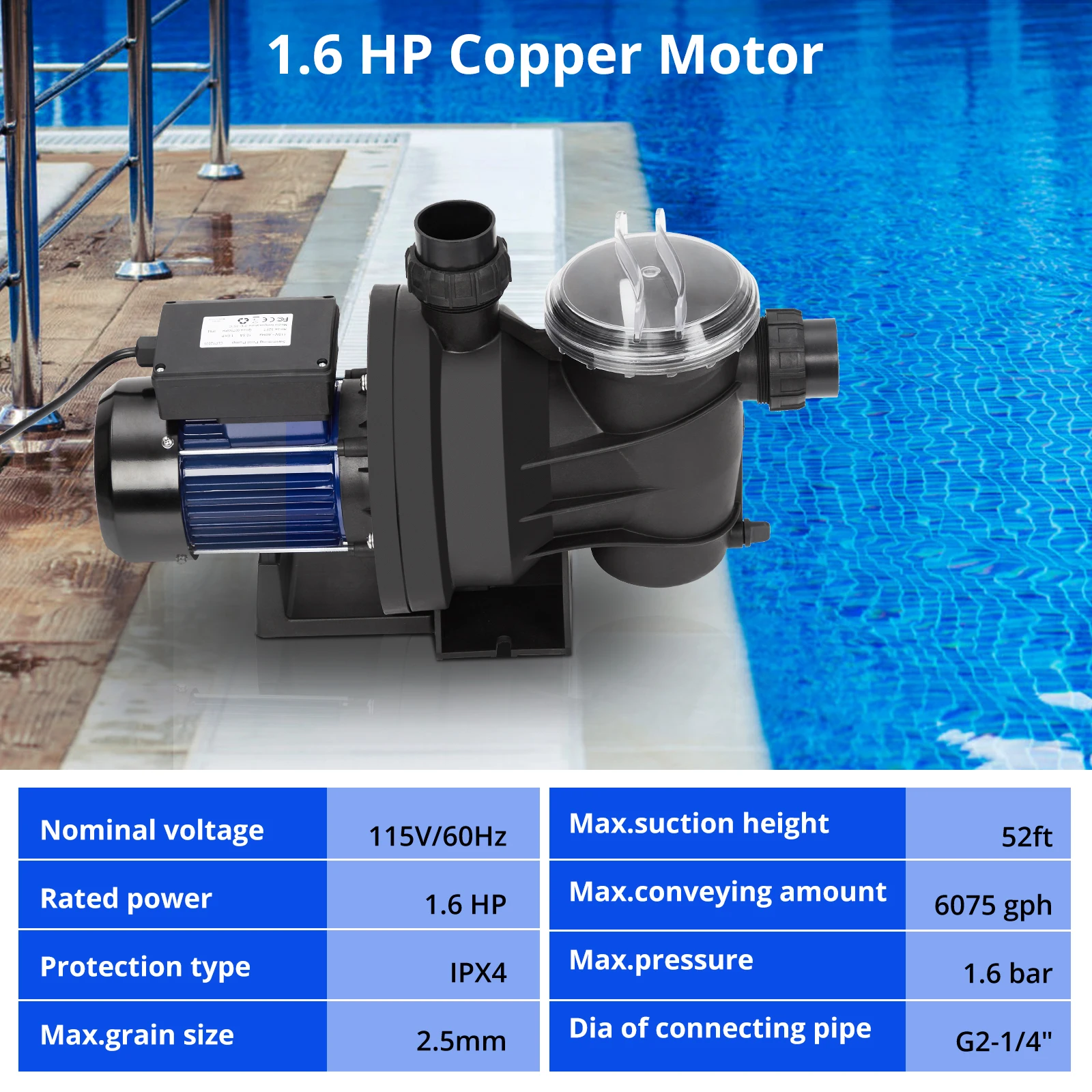 1,6 PS in/oberirdisch Single-Speed-Schwimmbad pumpe, 1200W/115V, g/h, hoher Durchfluss, leistungs starke Selbst pumpen mit Filter korb