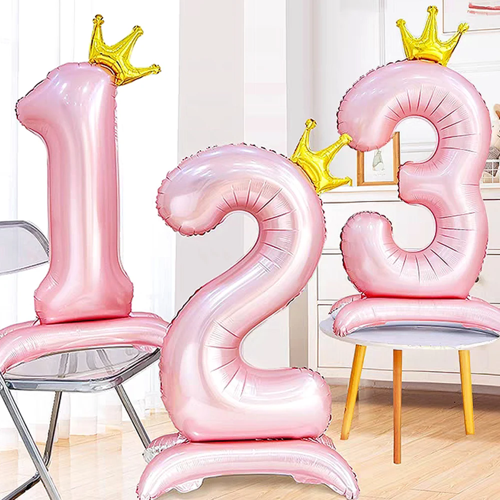 Dijital Alüminyum Film Balon Pembe Mavi Taç Balon Mutlu Doğum Günü Ayakta Numarası Balonlar Bebek Duş Hava Globos Parti Dekoru