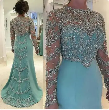 

Mother of the Bride Dresses Rhinestones Beaded Appliques Mint Green Mermaid Wedding Dress Sparkly Long Sleeve Formal Party Gowns