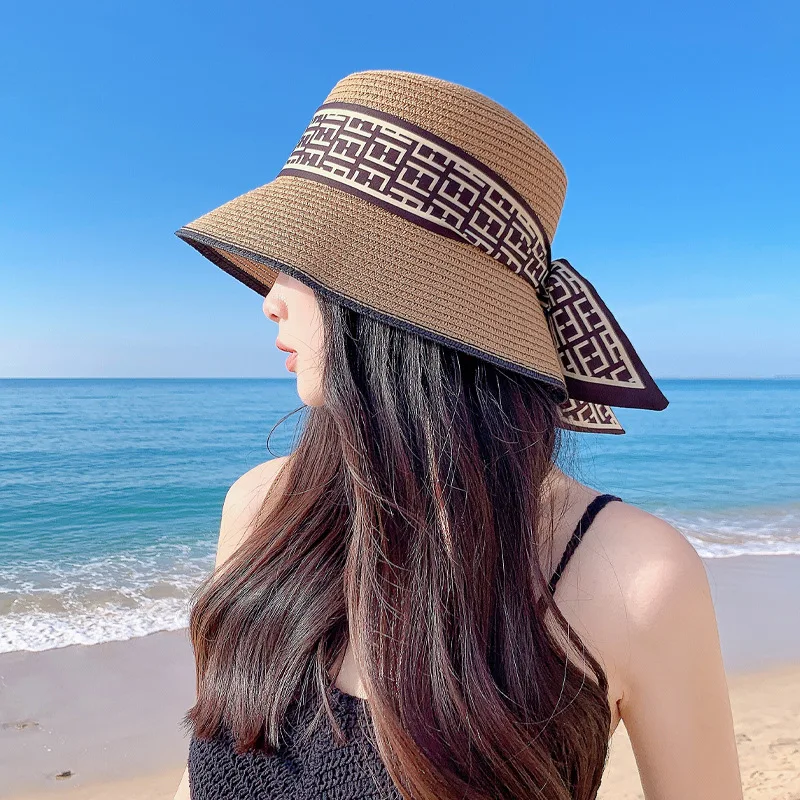 Summer ladies fashion beach ribbon straw hat outdoor travel vacation hat leisure sun hat show face small sun hat