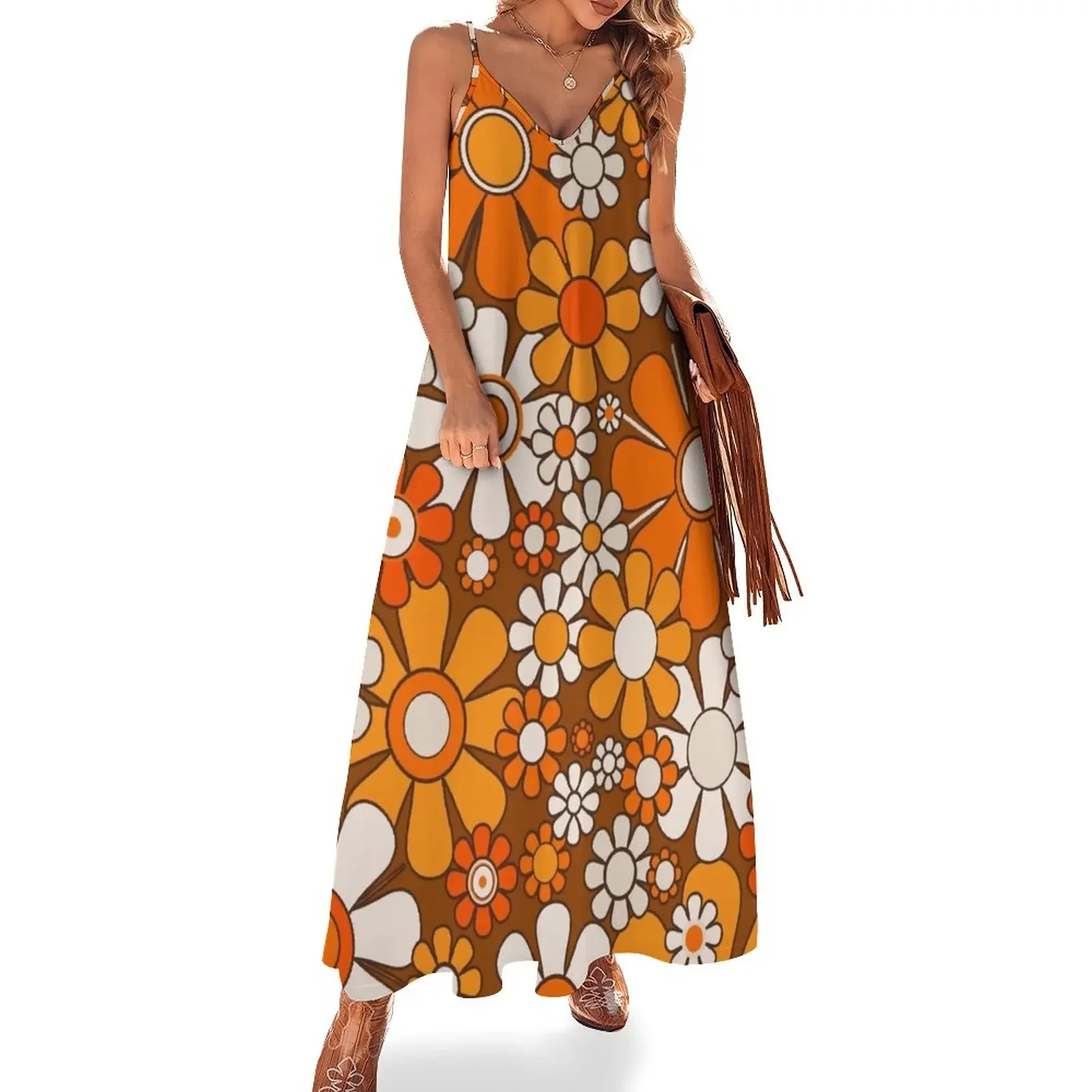 

Retro Garden Flowers Groovy Floral Cheerful 60s 70s Pattern 2 Orange Brown and Beige Sleeveless Dress bandage dress