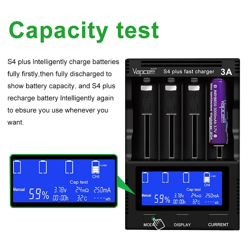 Original Vapcell S4 Plus V3.0 Fast Charger 3A 4 Slot Intelligent Charger With New Storage Mode Power Adapter Updated V2.0