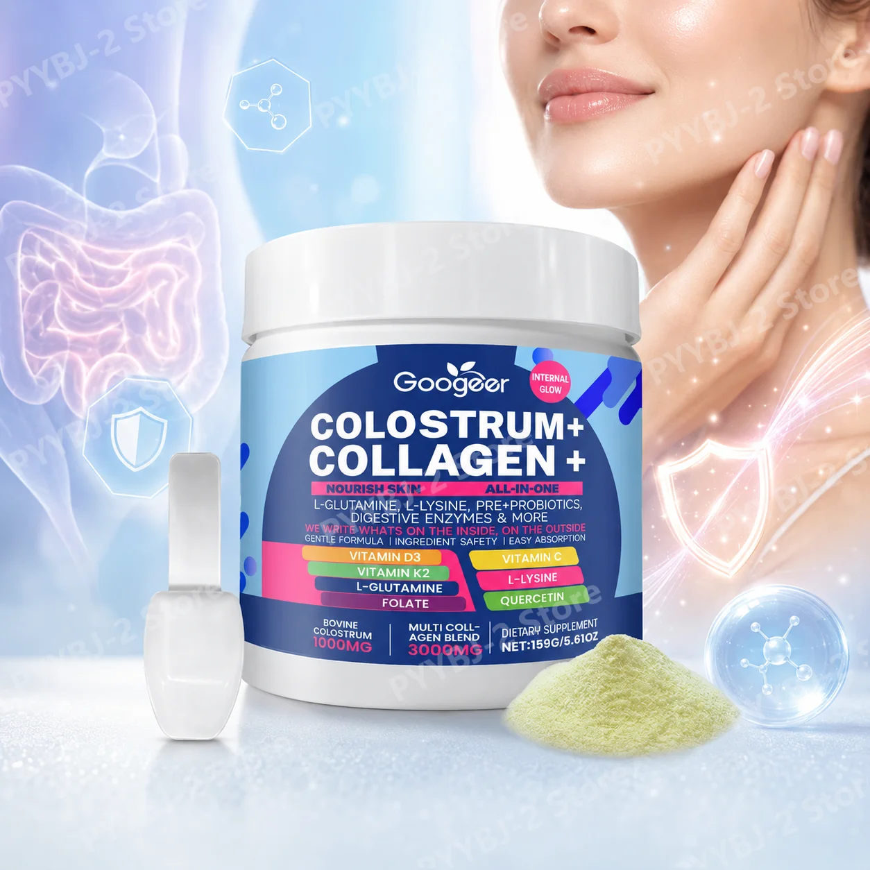 Colostrum Bovine Powder - Bovines Kolostrum-Kollagenpulver 159g mit Probiotika, Verdauungsenzymen,