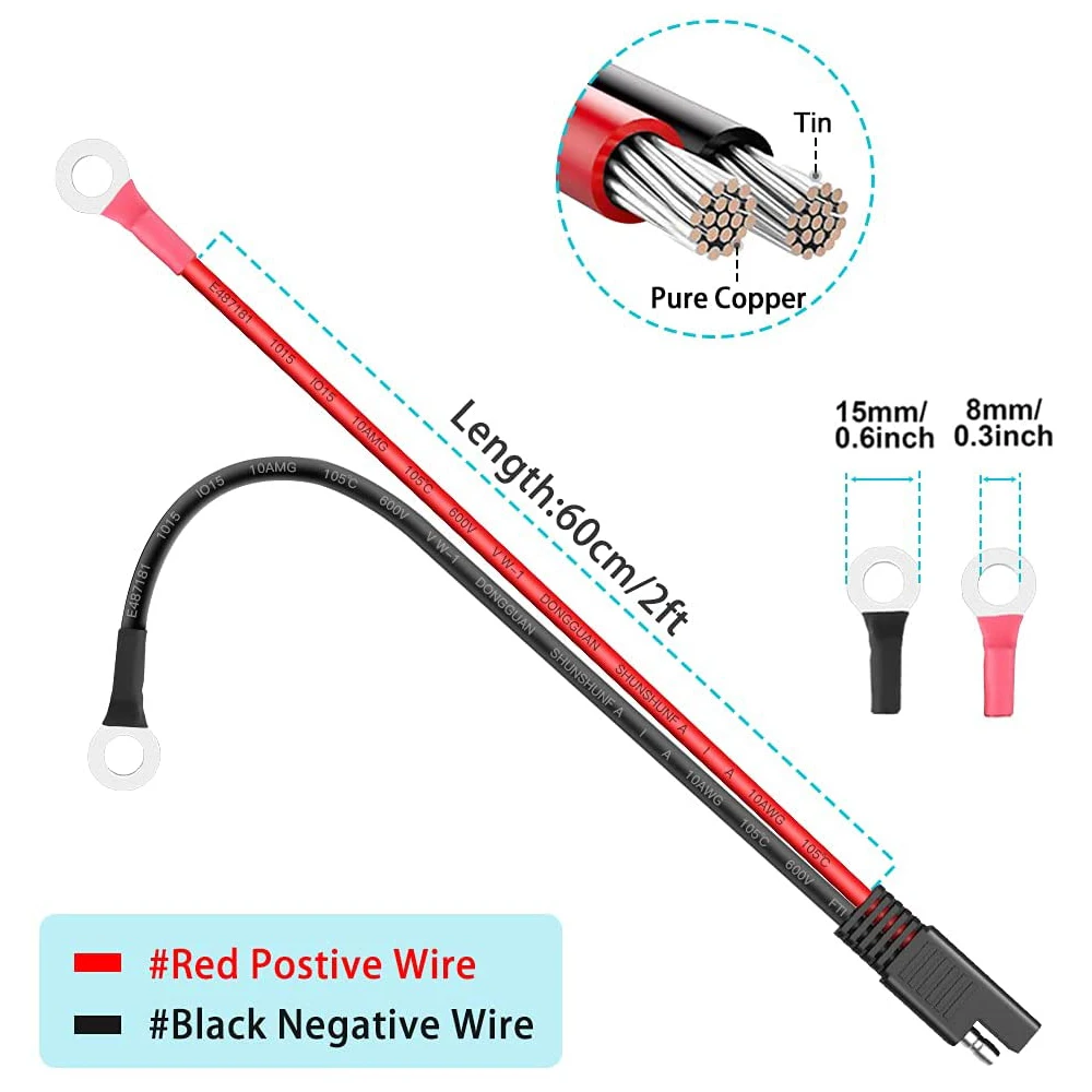 Gadpow Quick Release Connector, 10AWG SAE 2 Pin, Arnês Terminal O-Ring, fusível 15A para cabo de carregador de bateria