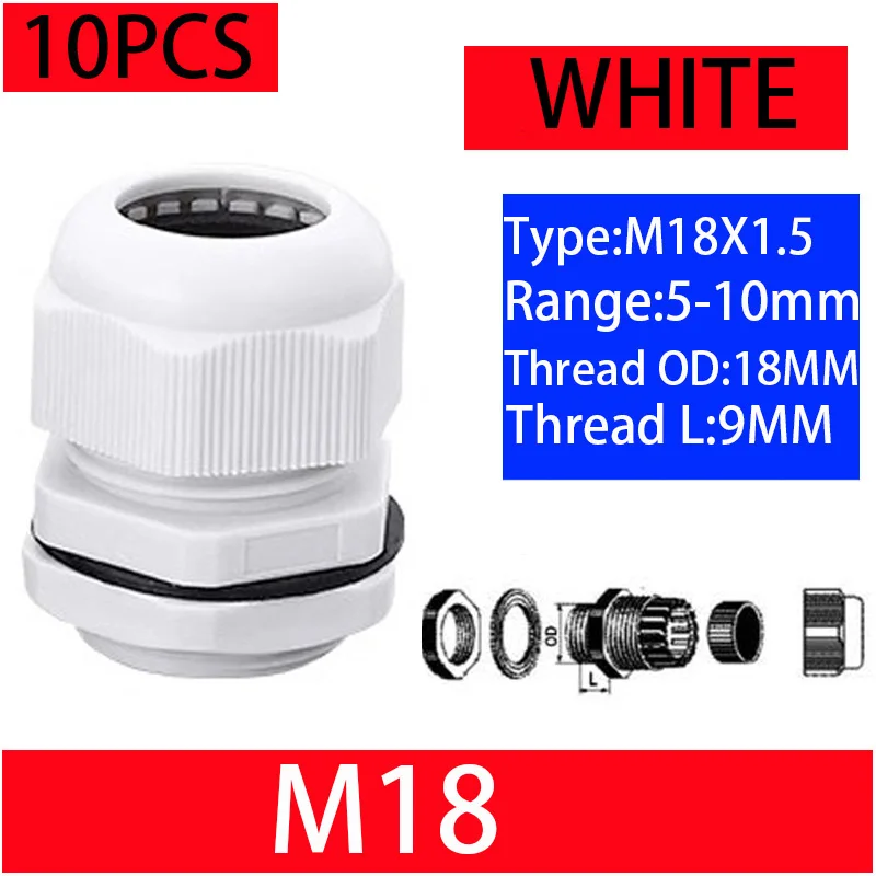 10PCs Wasserdichte Kabelverschraubung Schwarz Kunststoff Dichtung Joint Nylon M8 M10 M12 M16 M20 M25 M32 IP68 Weiß Kabel Befestigung nylon Stecker