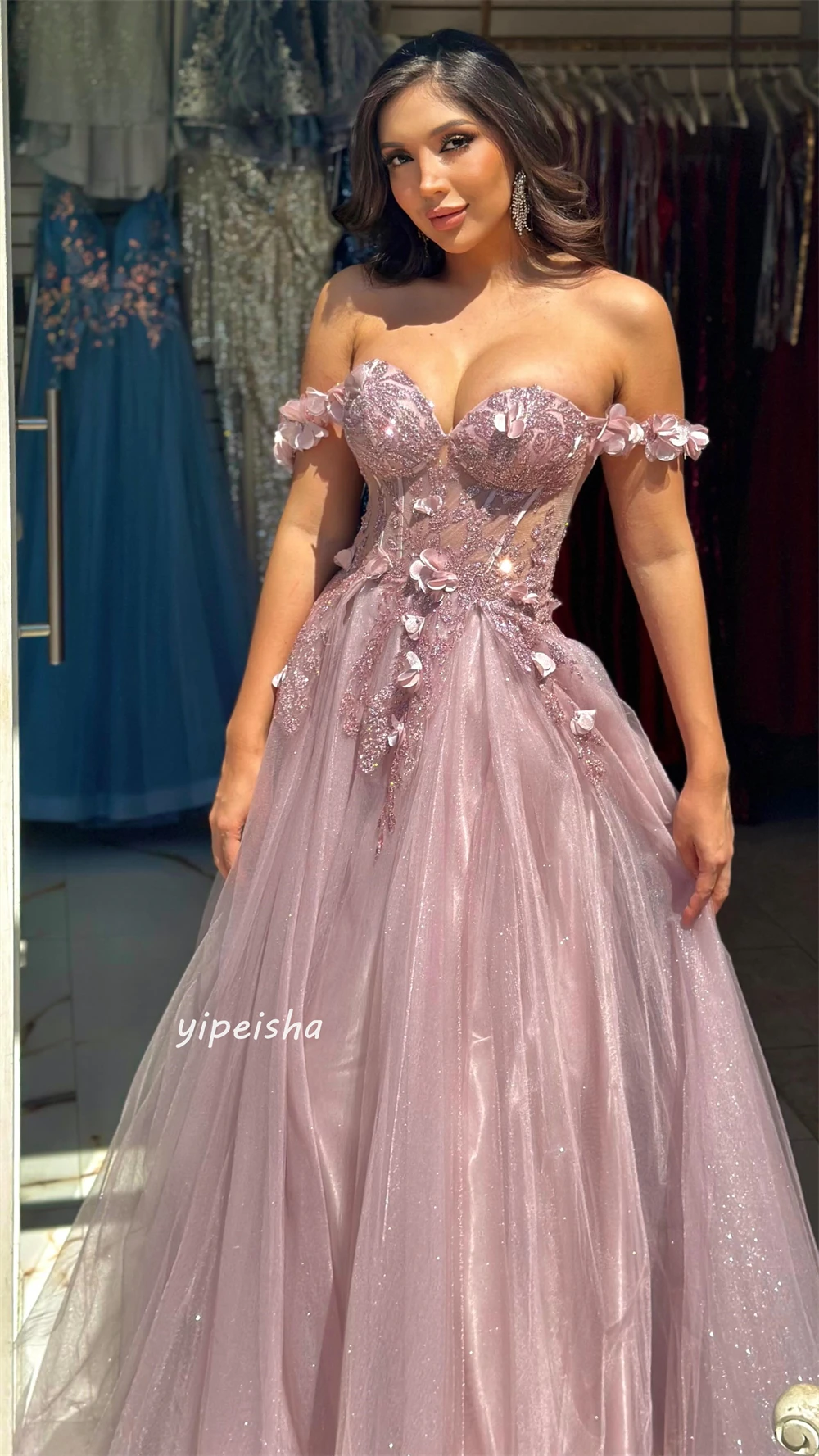 Customized  Jersey Applique Flower Beading Sequined Celebrity A-line Off-the-shoulder Bespoke Occasion Gown Long Dresses es es