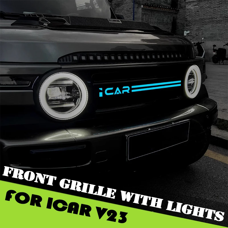 Car Front Grille with Lights Fit for Chery ICAR V23 2025 Modified Car Front Face Insect Screen LED Warning Headlight Accessories