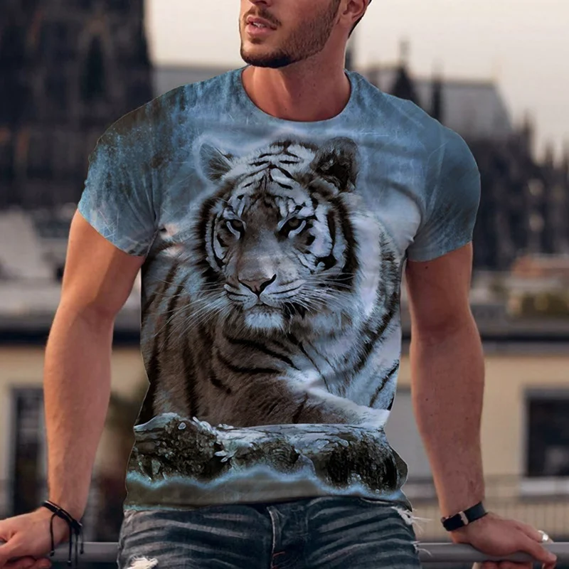 2022 Men's Fashion Tee Shirt Round Neck Short Sleeve Funny 3D Tiger Print T Shirt