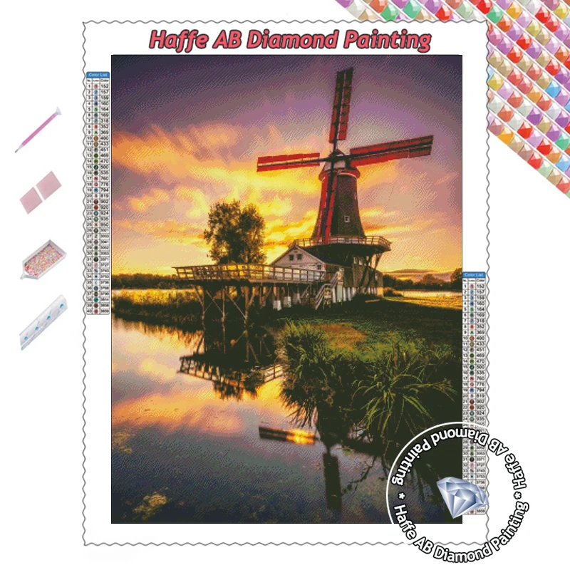 Netherlands Windmill In Tulips Field Scenery Diamond Painting Art AB Drills Sunset Flower Landscape Cross Stitch Room Decor