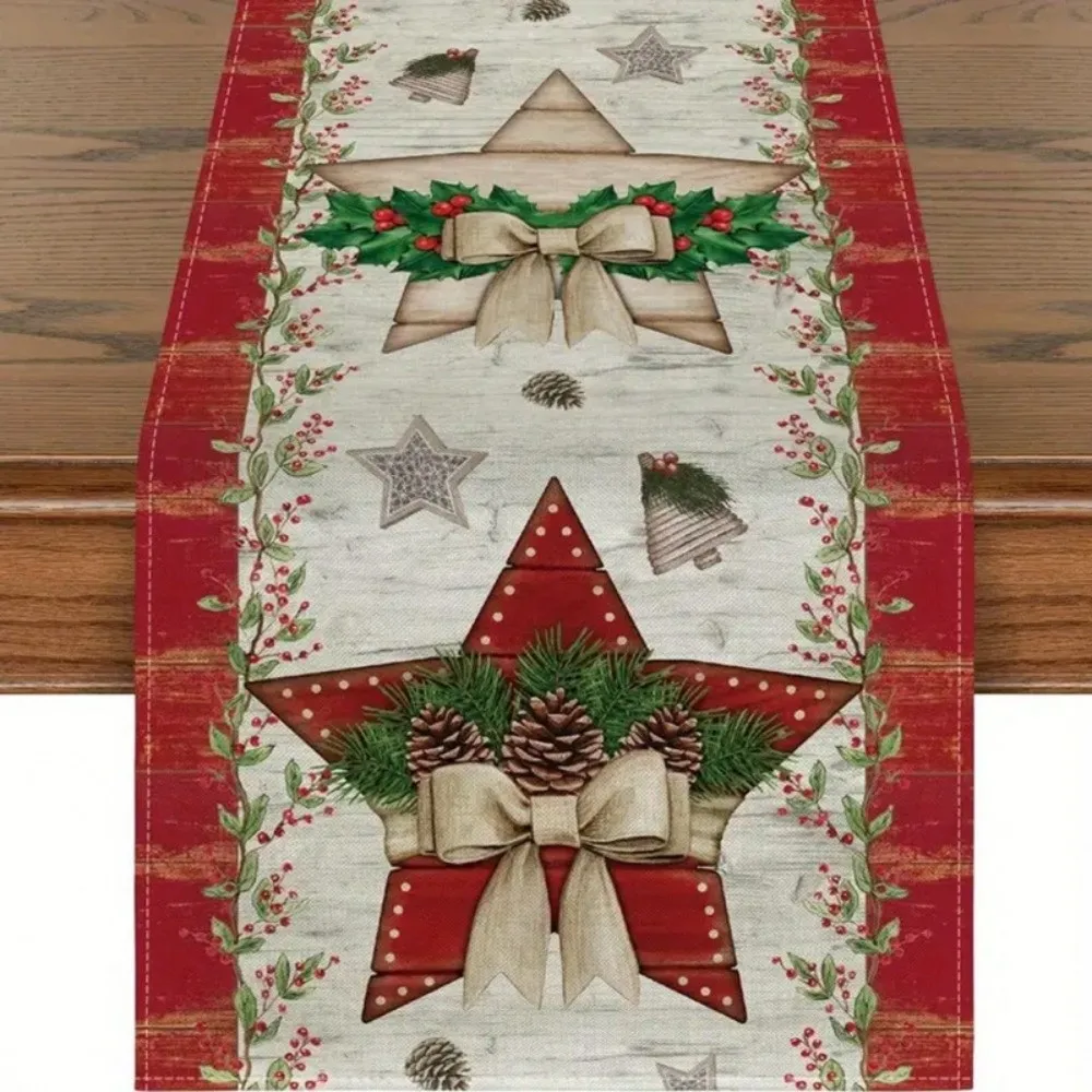 Poinsettia Flower Pattern Christmas Table Runner Long Length Linen Material Table Decor Cloth Holiday Print Design