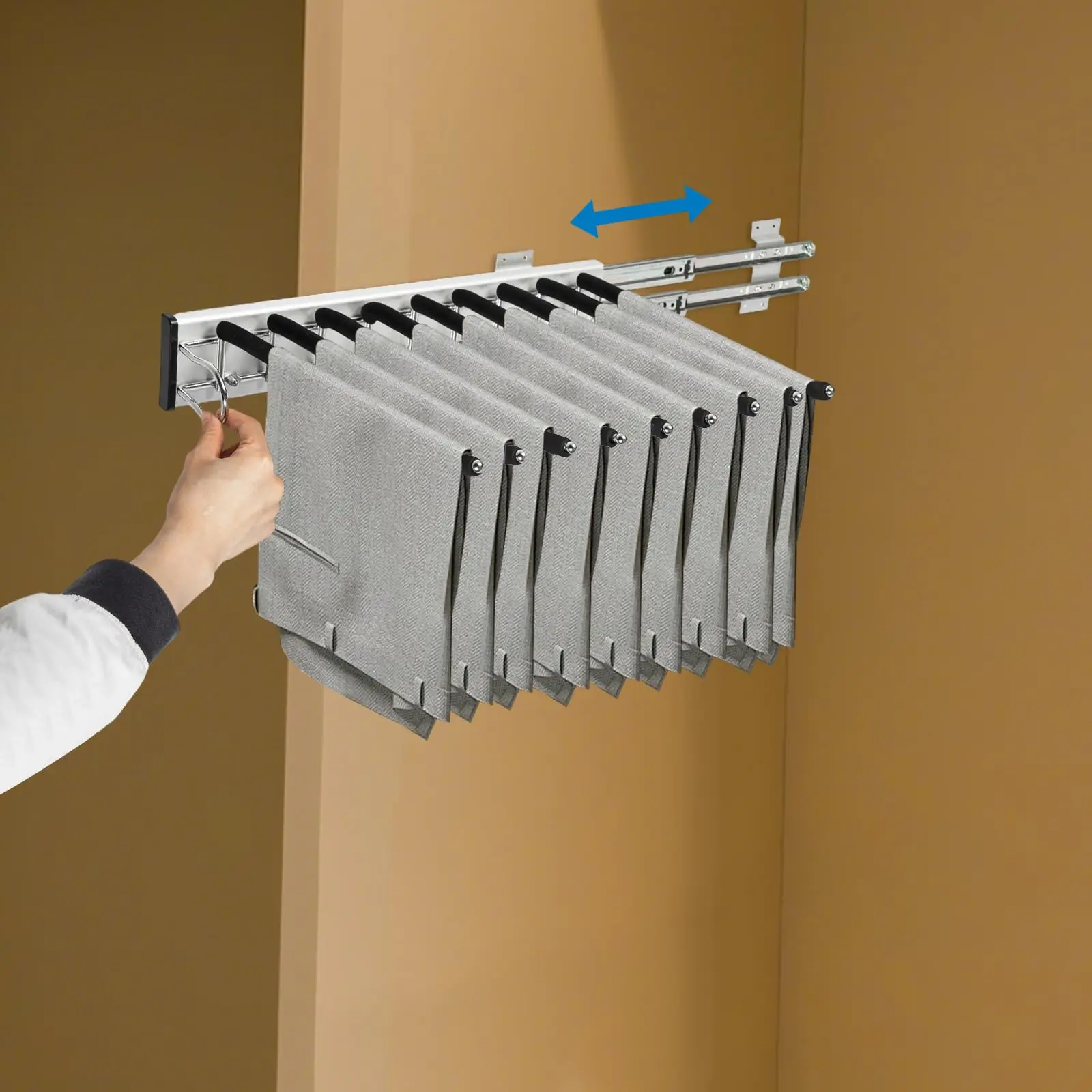 Closet Pull Out Trousers Rack 9 Arms Pull Out Pants Rack Pants Hanger, Side Mount