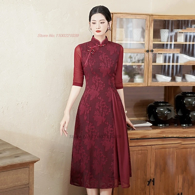 2025 vietnam aodai dress traditional chinese qipao vintage dress flower print improved cheongsam oriental a-line banquet dress