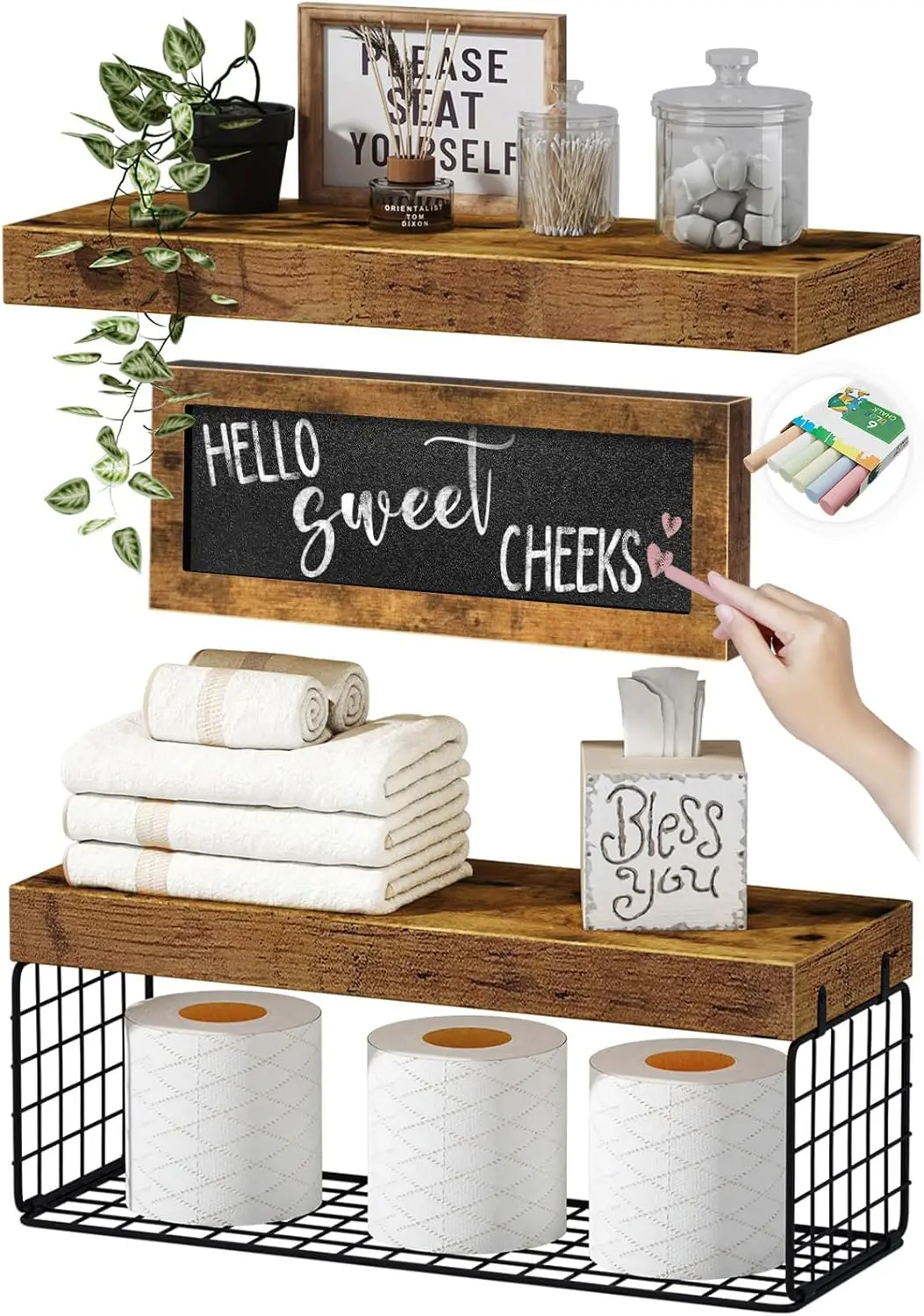 Bathroom Shelves Over Toilet - Paper Storage Wall Mounted Farmhouse Decor Decorations Chalkboard Small Floating Wall