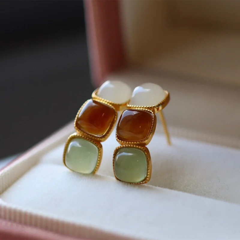 Natural Multi-Treasure S925 Silver Inlaid Hetian White Sugar Green Jade Earrings