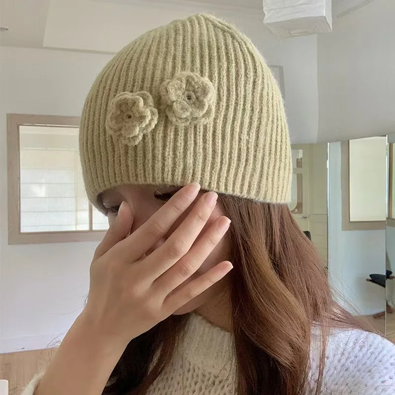 

Flower Knitted Beanies Hats Gloves For Women Winter Warm Skullies Caps Famela Outdoor Coldproof Cycling Cover Head Caps Bonnet