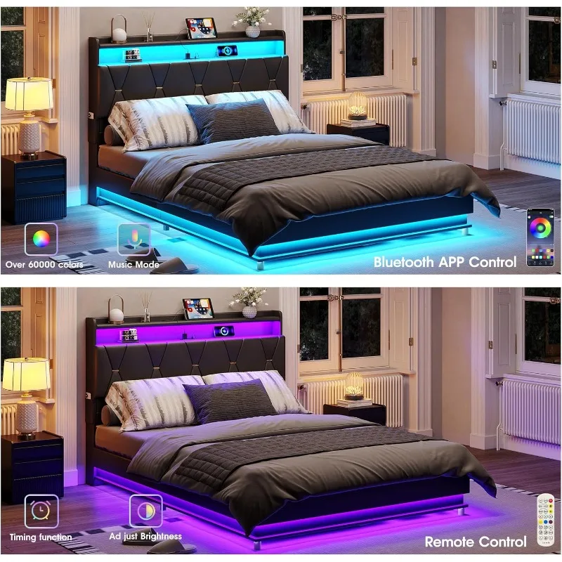 l Estrutura de cama de armazenamento queen size, cabeceira de armazenamento com estação de carregamento, cama de plataforma estofada com luzes LED, sem B
