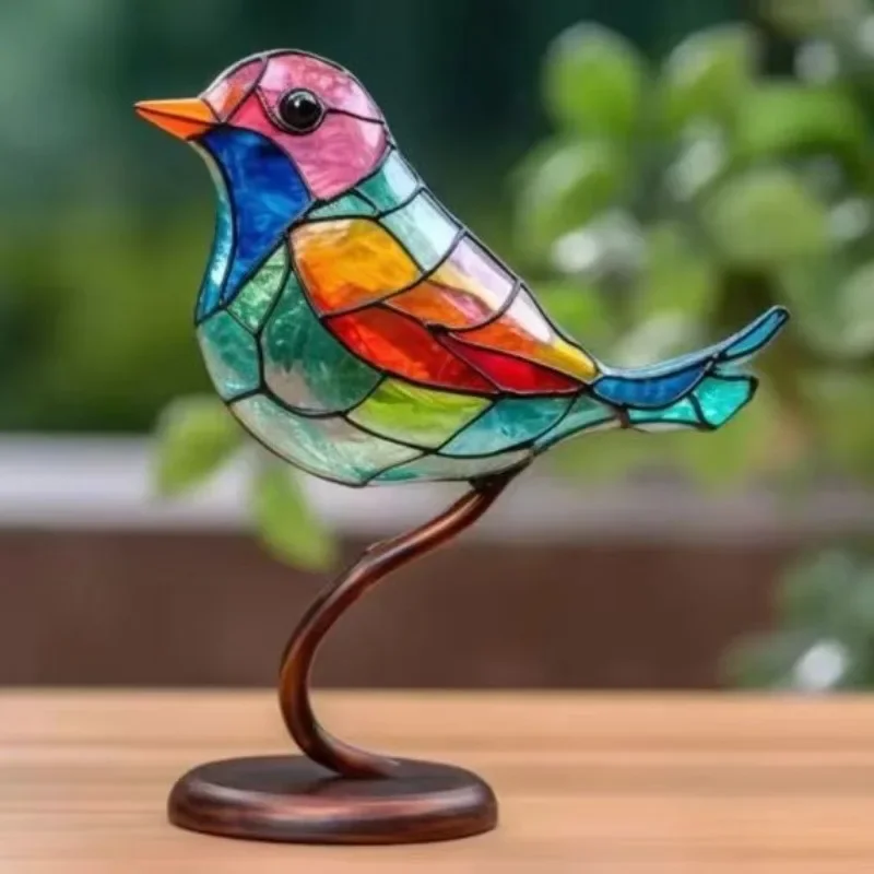 Outdoor Statues Sculptures Ornaments Metal Hummingbird Bird Artwork Decor  Double Sided Colorful Glass Birds on Branch